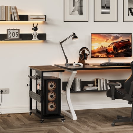 Mobile Computer Tower Stand with 2 Shelves and Cable Management, Adjustable Rolling CPU Holder Cart for Under Desk Organization at Home or Office