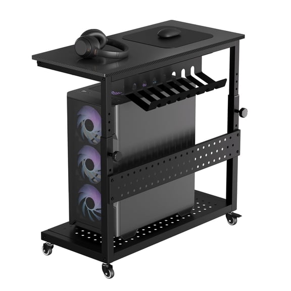 Mobile Computer Tower Stand with 2 Shelves and Cable Management, Adjustable Rolling CPU Holder Cart for Under Desk Organization at Home or Office