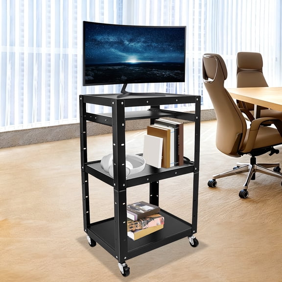 Mobile Computer Workstation Cart with Wheels, 3-Tier Metal AV Cart with Pullout Tray, Rolling Utility Cart for Office, Classroom and Projector Use