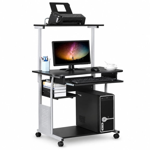 Mobile Computer Workstation with Hutch and Storage Shelves, Black - Particle Board and Metal Frame, Keyboard Tray, Monitor and Tower Shelf, Rolling Casters, Space-Saving