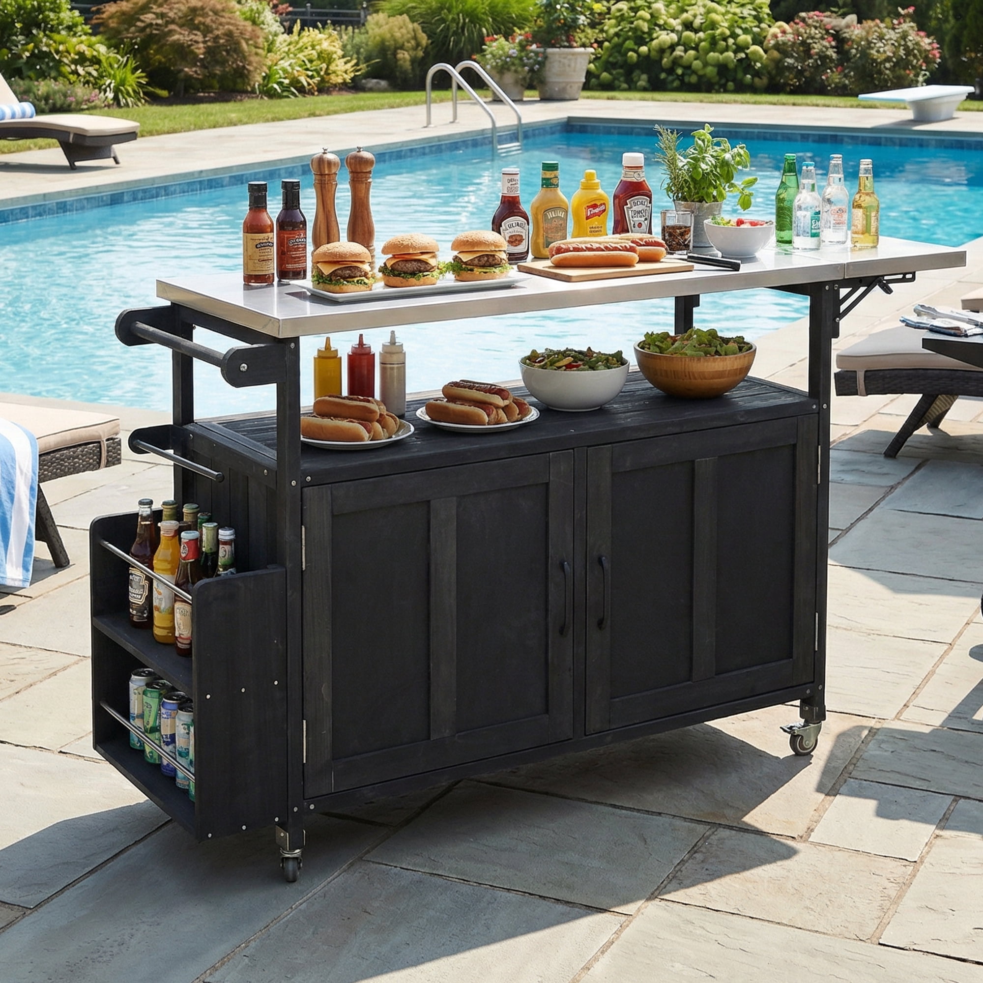Mobile Cooking Island, Foldable Outdoor Patio Kitchen Cart, Black