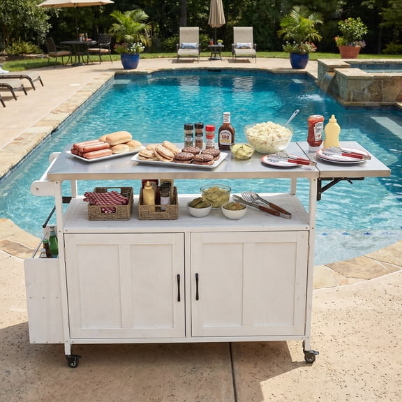 Mobile Cooking Island, Foldable Outdoor Patio Kitchen Cart, White