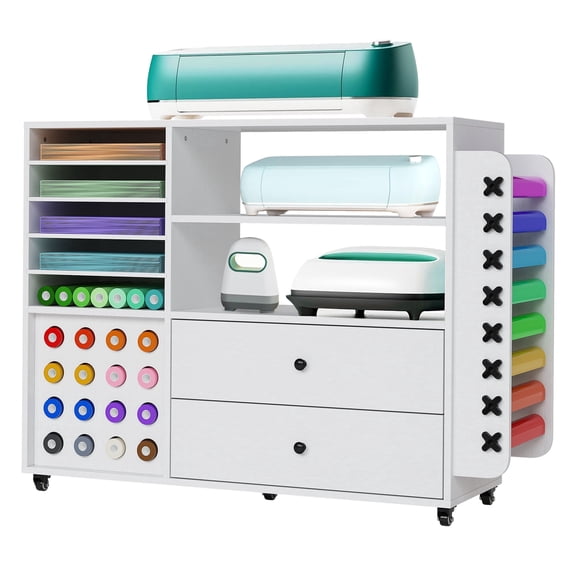 Mobile Craft Storage Cabinet for Cutting & Sewing Machines – 2 Large Drawers, 24 Vinyl Roll Holders, Adjustable Shelves & Locking Wheels – MDF Table for Office, Studio & Craft Room