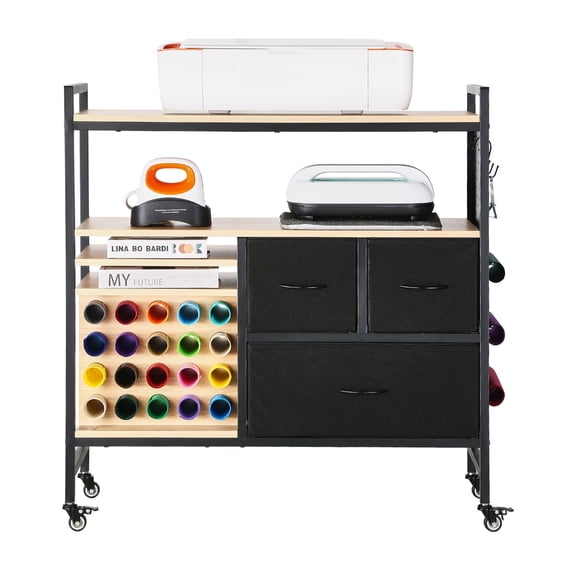 Mobile Crafting Station with 20 Vinyl Holders and 3 Drawers Portable Craft Cart Organizer Compatible with Cricut Art Supply Storage Worktable Black