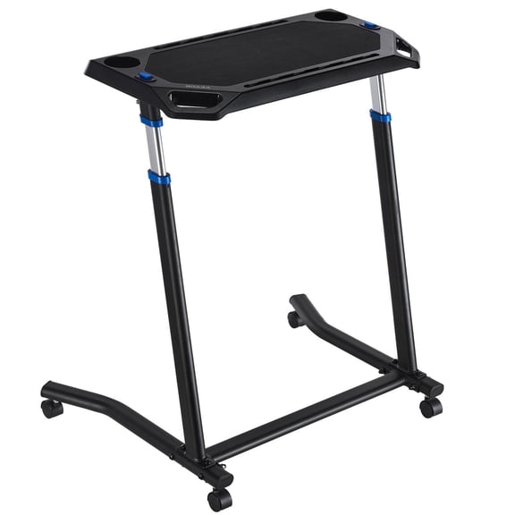 Mobile Cycling Desk for Indoor Bike and Treadmill, Adjustable Height 8 Levels, Foldable Fitness Desk with Lockable Wheels, Large Storage Desktop with Slots and Cup Holders for Home Gym and Office Use