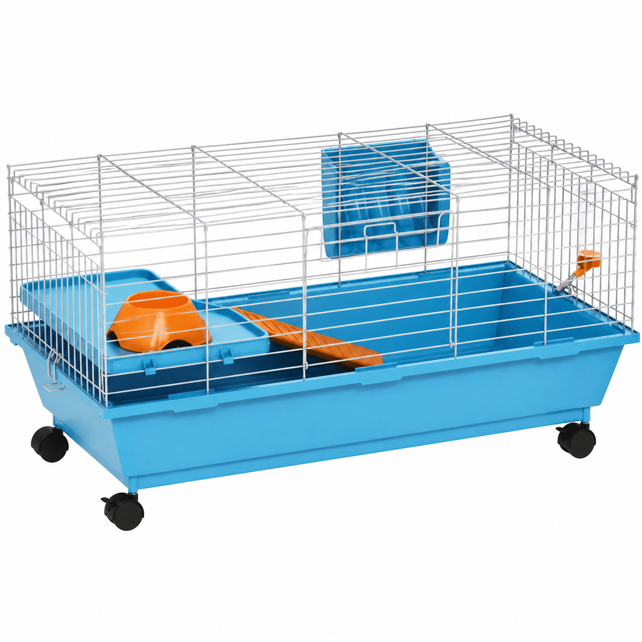Mobile Deep Base Small Animal Cage With Wheels, Multi-Door Rabbit Guinea Pig Hutch With Ramp Platform Hay Feeder Water Bowl Indoor Pet Habitat For Chinchillas