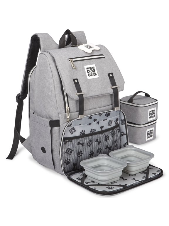 : Ultimate Week Away Backpack - Light Gray - Food Carriers, 2 Collapsible Silicone Bowls, Placemat, Pet Travel Luggage, Care Essentials