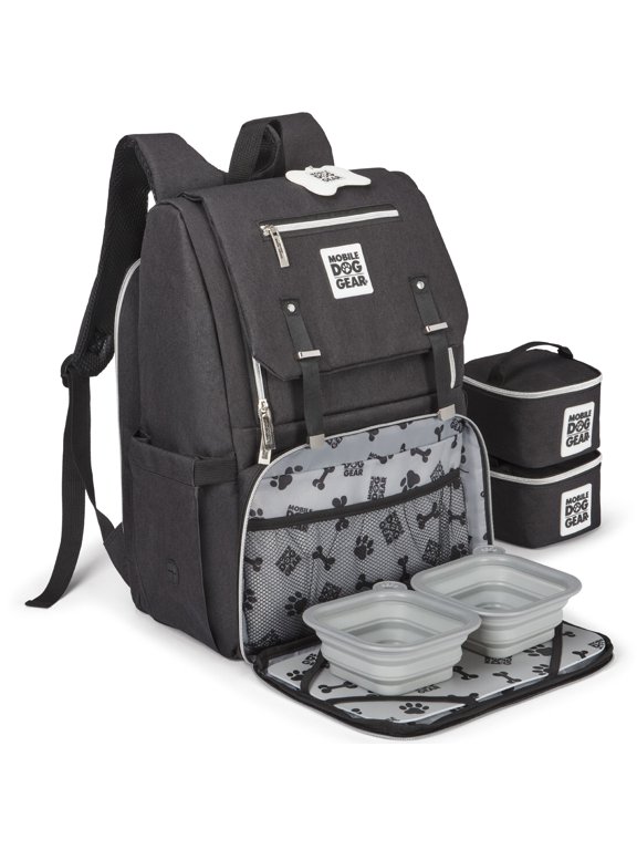 : Ultimate Week Away Backpack - Black - 2 Food Carriers, 2 Collapsible Silicone Bowls, Placemat, Pet Travel Luggage, Care Essentials