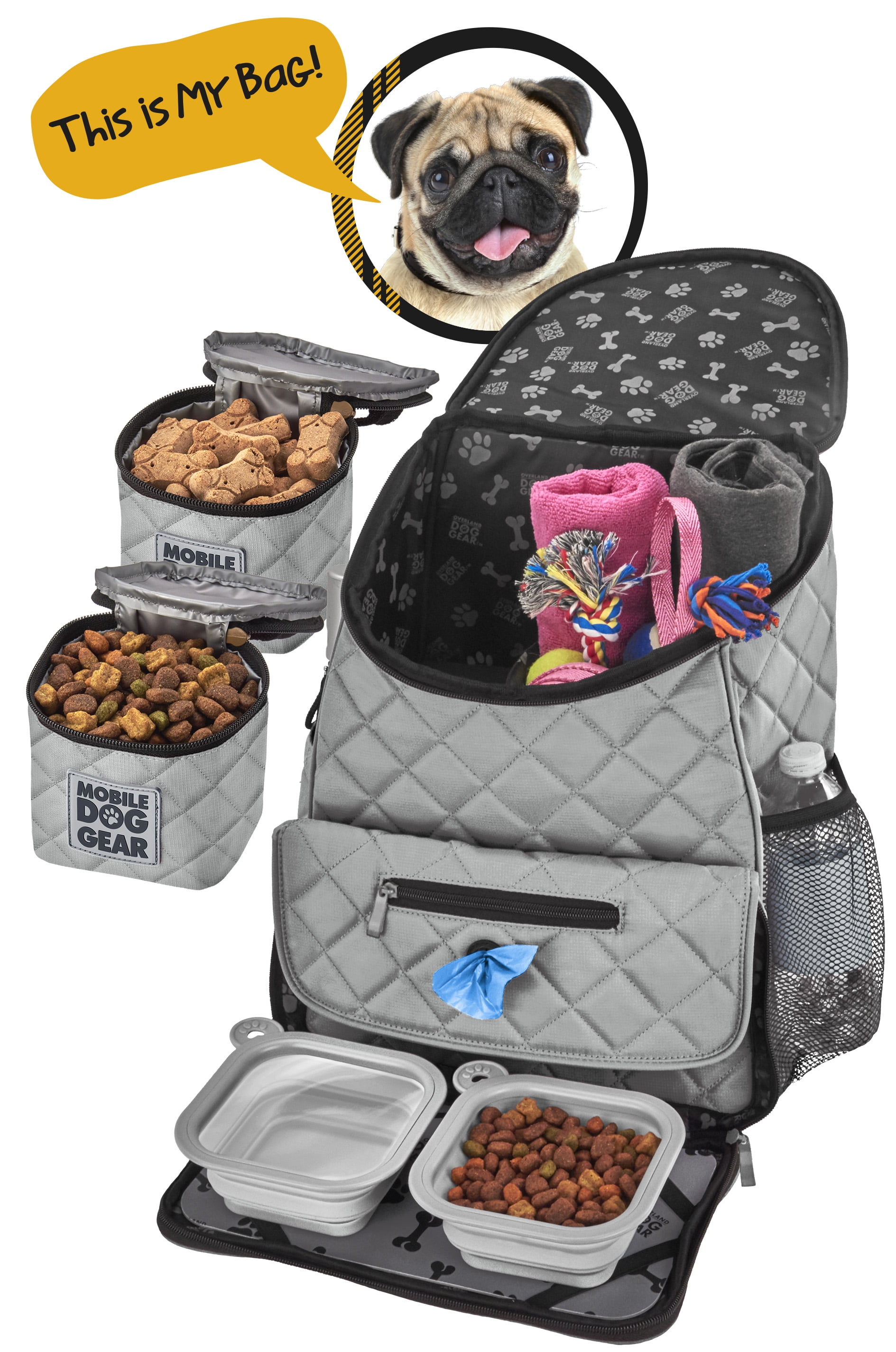 Mobile Dog Gear Weekender Backpack with Food Carriers and Bowls, Gray, 10 lb Limit