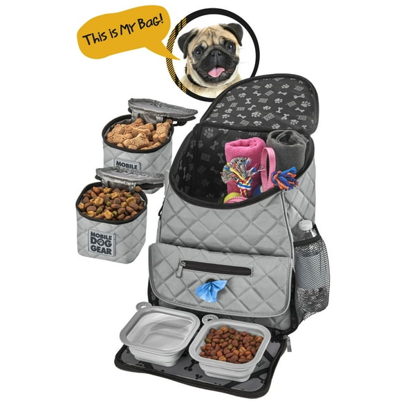 Mobile Dog Gear Weekender Backpack with Food Carriers and Bowls, Gray, 10 lb Limit