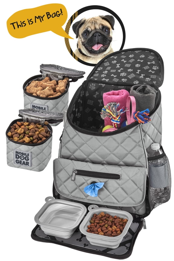 Weekender Backpack with Food Carriers and Bowls, Gray, 10 lb Limit