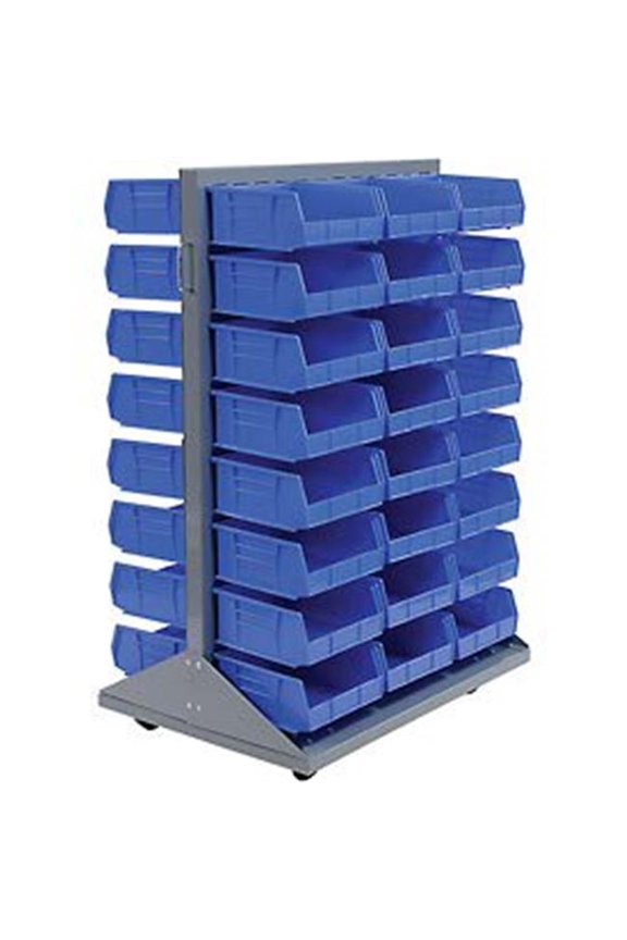 Mobile Double Sided Floor Rack with 48 Blue Stacking Bins - Blue - 36 x 54 in.