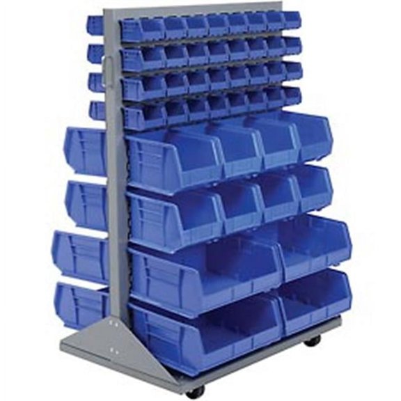 Mobile Double Sided Floor Rack with 88 Blue Stacking Bins - Gray - 36 x 54 in.
