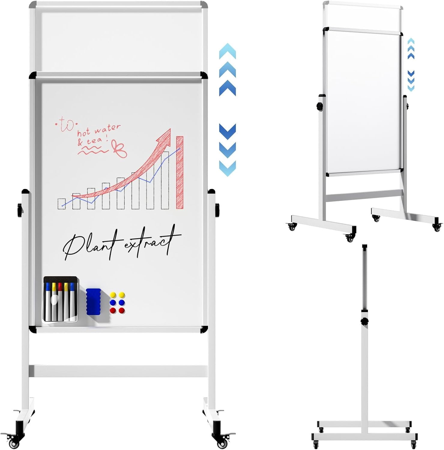 Retractable Board Mobile Dry Erase Board on Wheels, 48 x 28 Magnetic Double Sided ...