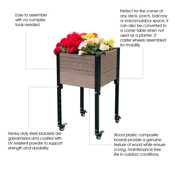 Mobile Elevated Corner Planter Box Raised Garden Bed Wood Texture Brown & Black