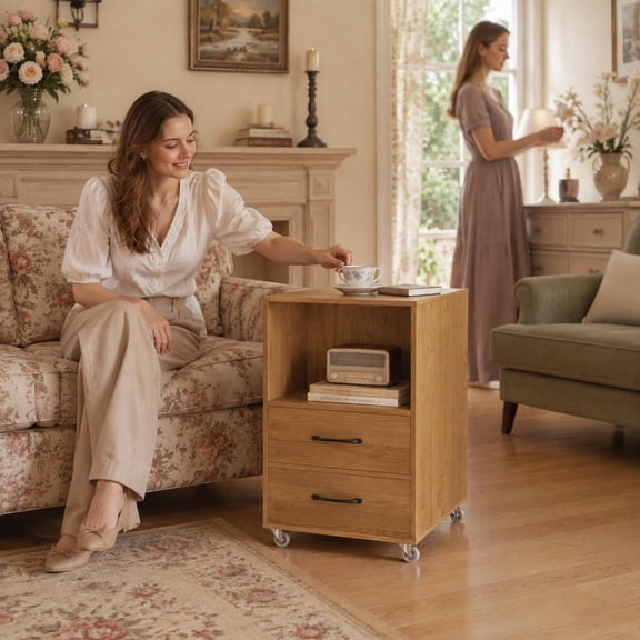 Mobile End Table with Charging Station, 2 Drawers and Open Shelves, Rolling Bedside Nightstand on Lockable Wheels, Natural