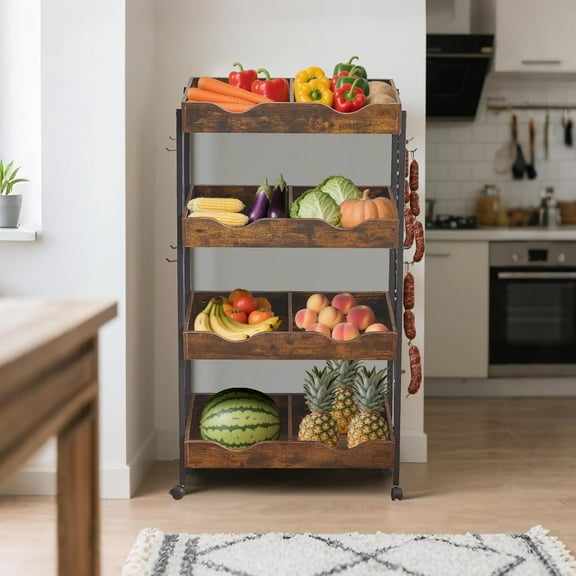 Mobile Farm Stand,4-Tier Wood Fruit Basket Stand with 8 Metal Hooks,Vegetable Rack for kitchen,Snack Rack with Metal Frame,Easy Assembly (1)