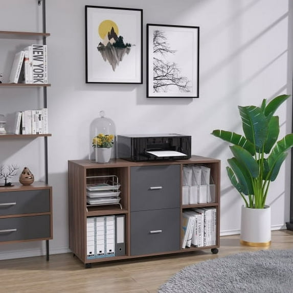 Mobile File Cabinet with 2 Drawer and 4 Open Shelves, Storage Lateral Filing Cabinet for Letter Size A4 Size, Printer Stand, Lateral Filling Cabinets on Wheels, for Home Office, Walnut-dark gray