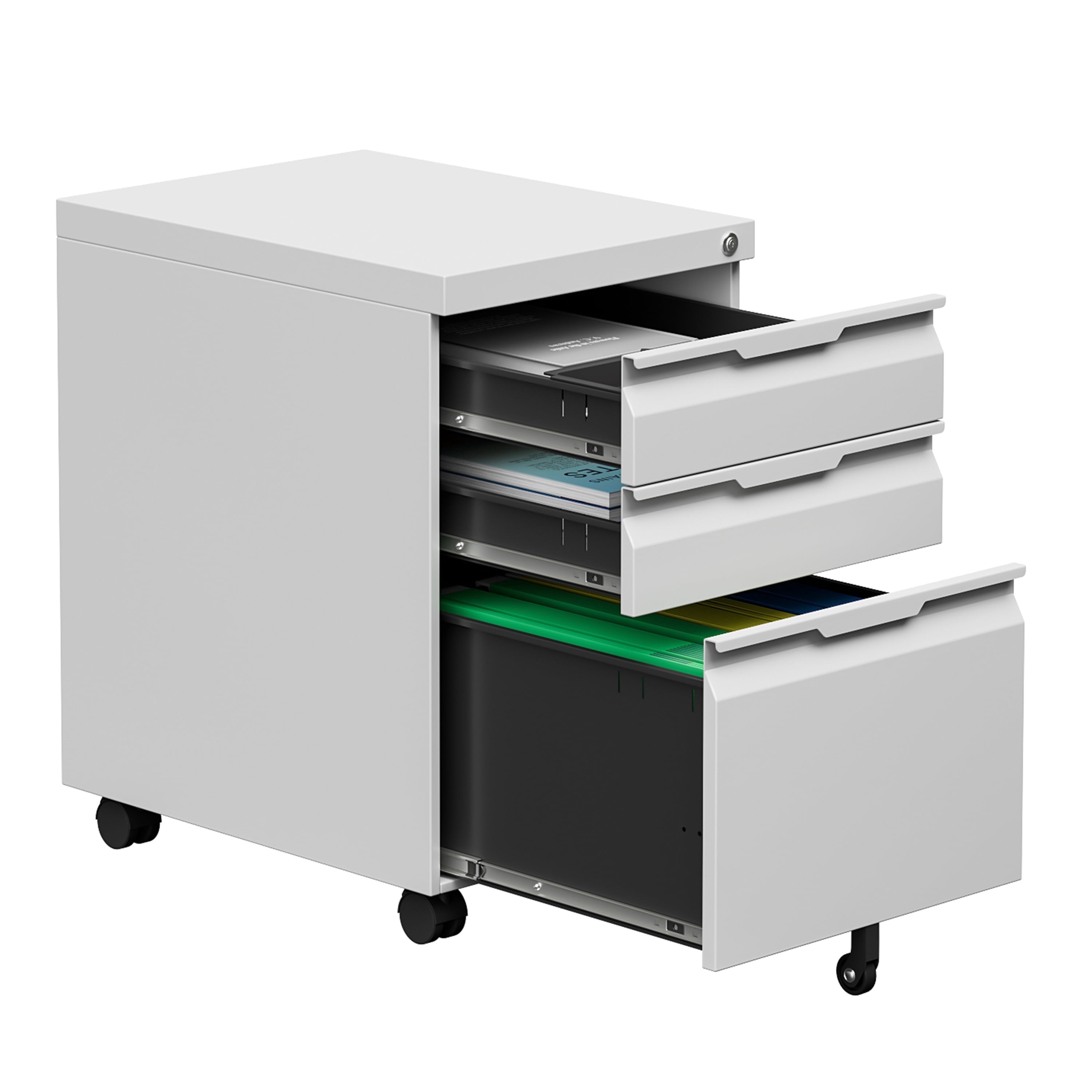 Mobile File Cabinet for Home Office, 3-Drawer Under Desk Filing Cabinet with Lock, Vertical Metal Storage Cabinet On Wheels for Legal/Letter/A4 Files(14.6''W-3 Drawers-Mobile,White)