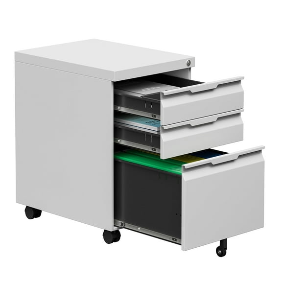 Mobile File Cabinet for Home Office, 3-Drawer Under Desk Filing Cabinet with Lock, Vertical Metal Storage Cabinet On Wheels for Legal/Letter/A4 Files(14.6''W-3 Drawers-Mobile,White)