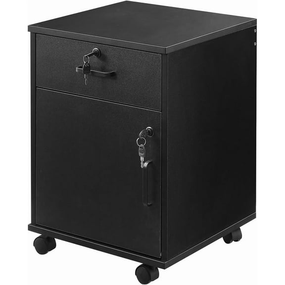 Mobile File Cabinet with Lockable Drawer & Door, Under Desk Cabinet with 360°Swivel Wheels, Wooden Stationery Storage Cabinet for Legal/Letter/ A4 Documents (Black)