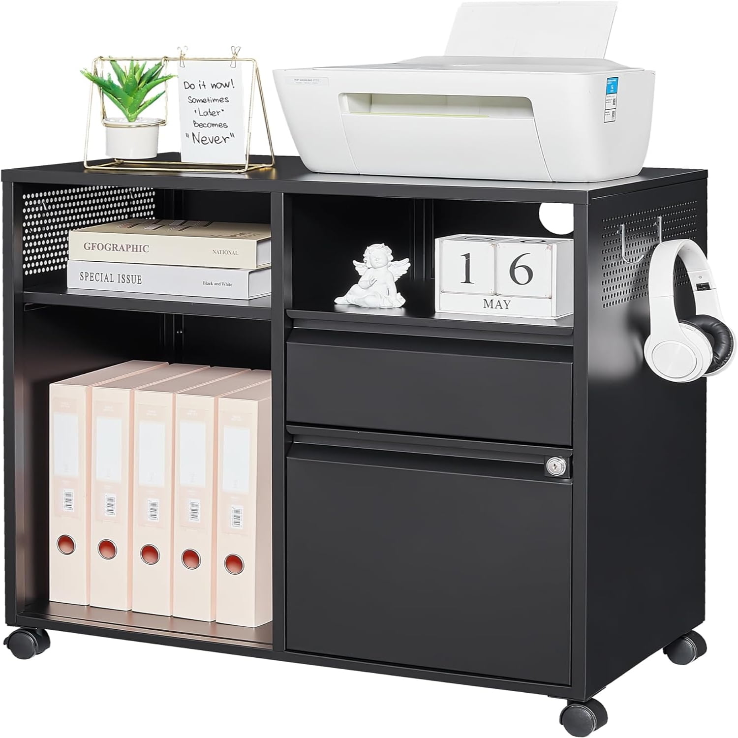 Black File Cabinet 3-Drawer With Lock, Locking Metal Lateral Filing Cabinet For Home Office