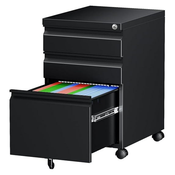 Mobile File Cabinet with Lock, 3 Drawer Rolling File Cabinet for Home Office - Black