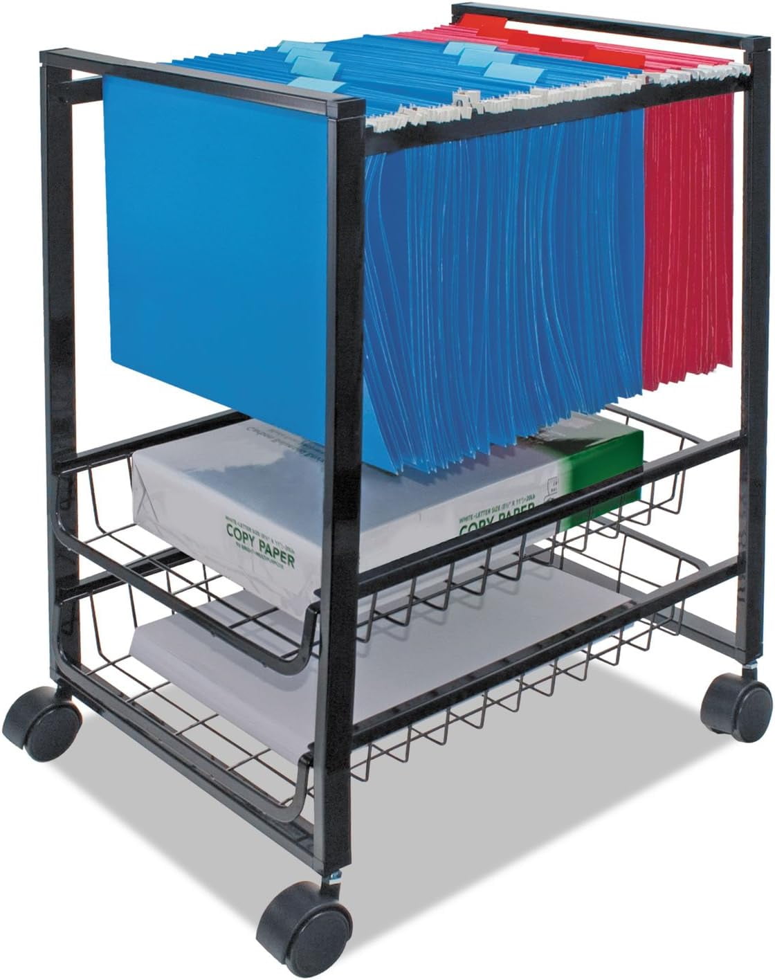 Compact Black Steel Mobile File Cart with Dual-Wheel Casters