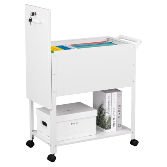 Mobile File Cart, 2-Tier Rolling File Cart with Wheels Hanging Files, Metal File Cabinet with Lock and Sliding Covers for A4/Letter/Legal Size, White