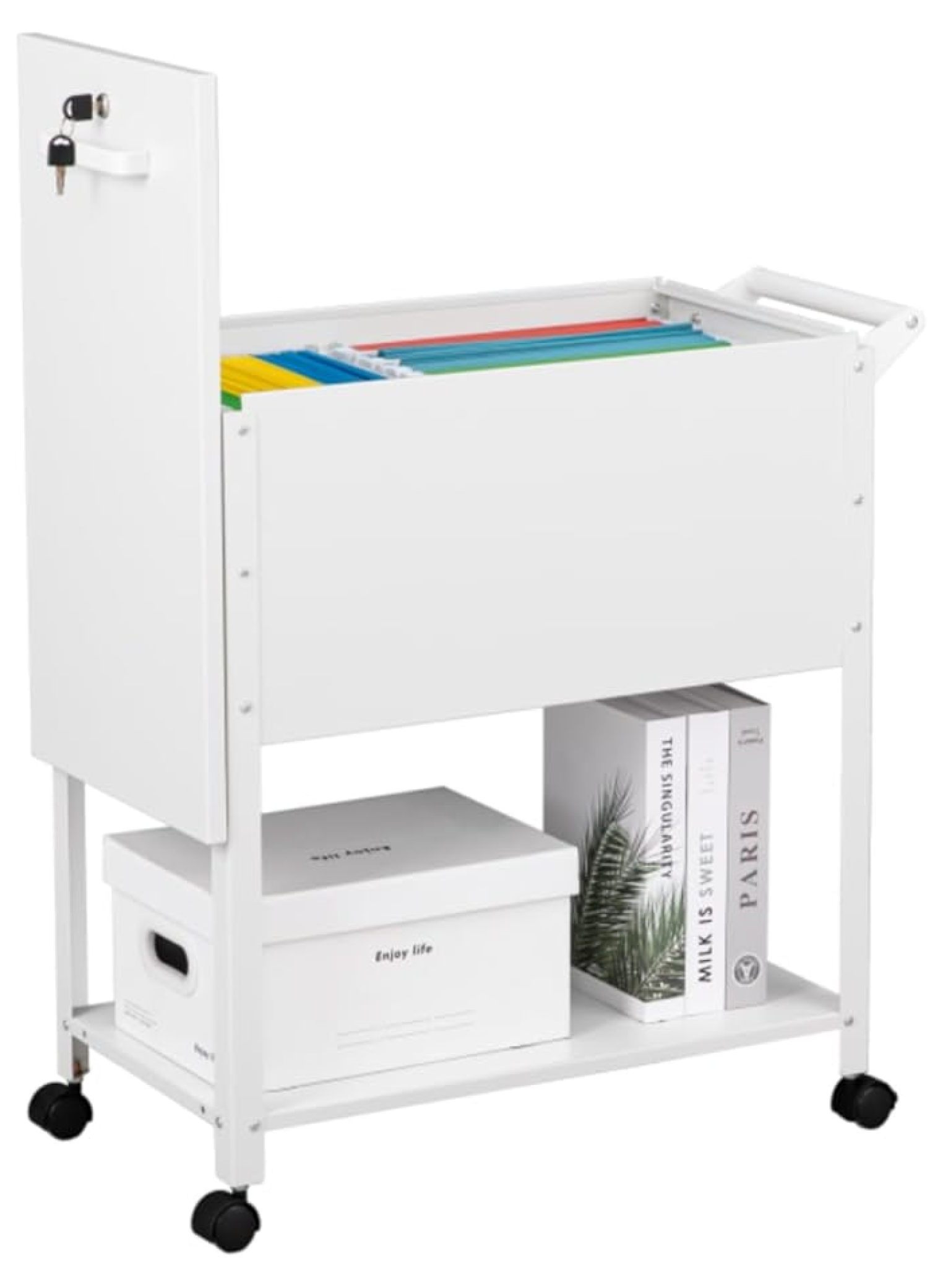 Mobile File Cart, 2-Tier Rolling File Cart with Wheels Hanging Files, Metal File Cabinet with Lock and Sliding Covers for A4/Letter/Legal Size, White