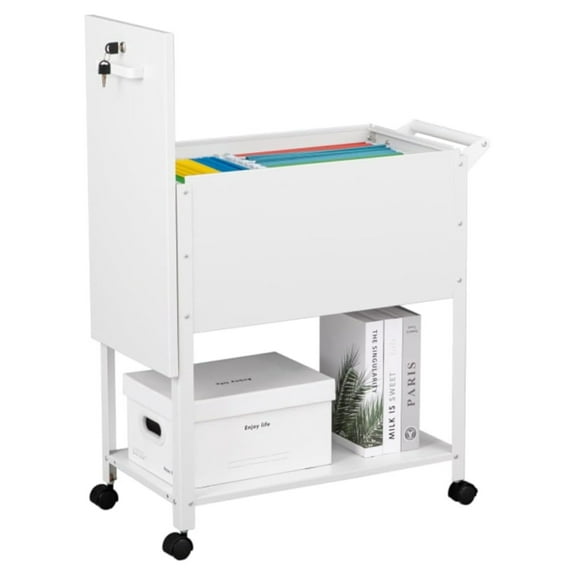 Mobile File Cart, 2-Tier Rolling File Cart with Wheels Hanging Files, Metal File Cabinet with Lock and Sliding Covers for A4/Letter/Legal Size, White