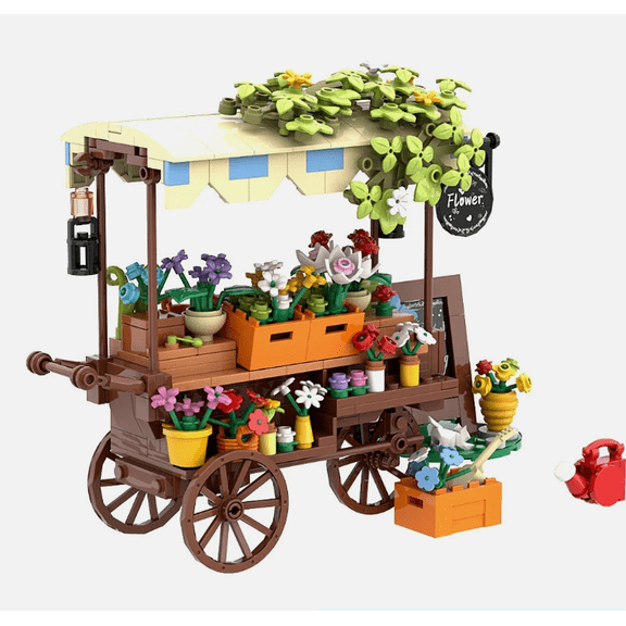 Mobile Flower Cart MOC Building Brick Model Kit, 458 Pieces Desktop Decor