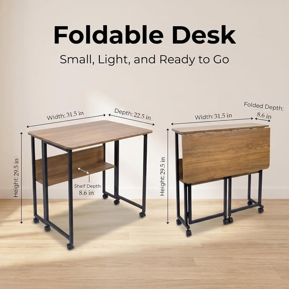 Mobile Foldable Desk with 6 Wheels and Storage Shelf, Portable Rolling