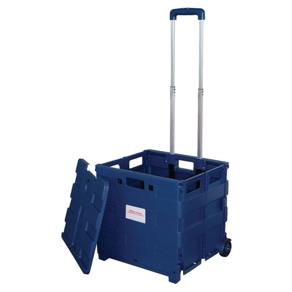 Mobile Folding Cart with Lift-Off Lid, Collapsible Rolling File Box with Extended Handle and Casters, Blue, 16in.H x 18in.W x 15in.D