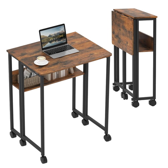 Mobile Folding Desk with Storage Shelf, 24.8 Inch Rolling Computer Table Space Saving Writing Desk for Home Office, Couch Side, Brown