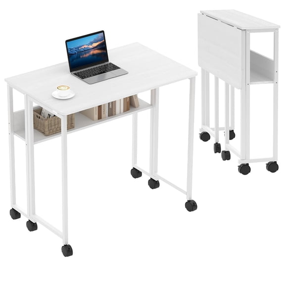 Mobile Folding Desk with Storage Shelf, 24.8 Inch Rolling Computer Table Space Saving Writing Desk for Home Office, Couch Side, White