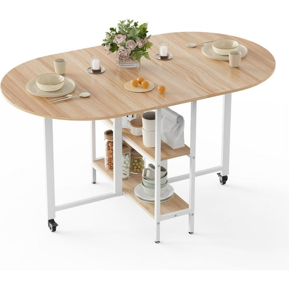 Mobile Folding Dining Table, Drop Leaf Table with 2 Open Storage Shelves, Round Edged Design, Small Spaces Dining Room Kitchen (Oak and White) (55 inch)