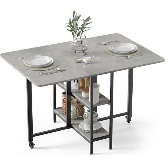 Mobile Folding Dining Table, Drop Leaf Table with 2 Open Storage Shelves for Small Spaces Dining Room Kitchen (47 inch)