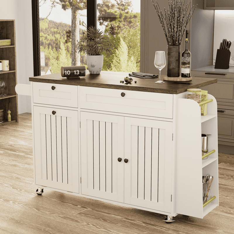 Mobile Folding Kitchen Island, Equipped with a power socket, USB interface, large capacity storage cabinet, drawers, 60 inch scroll wheel, kitchen island cart with hidden trash bin slot