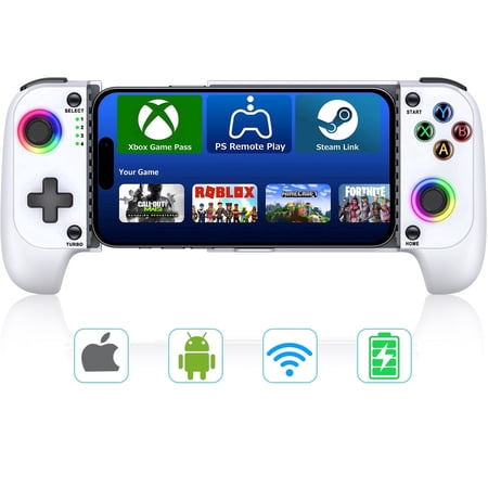 Beboncool Wireless Mobile Game Controller for iPhone iOS Android, Hall Effect Joystick, RGB Light, Turbo, Dual Vibration, 8H Battery