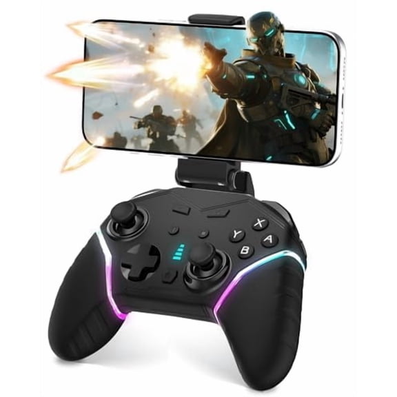 Mobile Gaming Controller for iPhone/iOS/Android/Switch/Laptop, Wired Control for PC/Steam, Wireless Phone Controller Gamepad with Programmable/Vibration/6-Axis Gyro/Turbo/RGB Light(with Phone Clip)