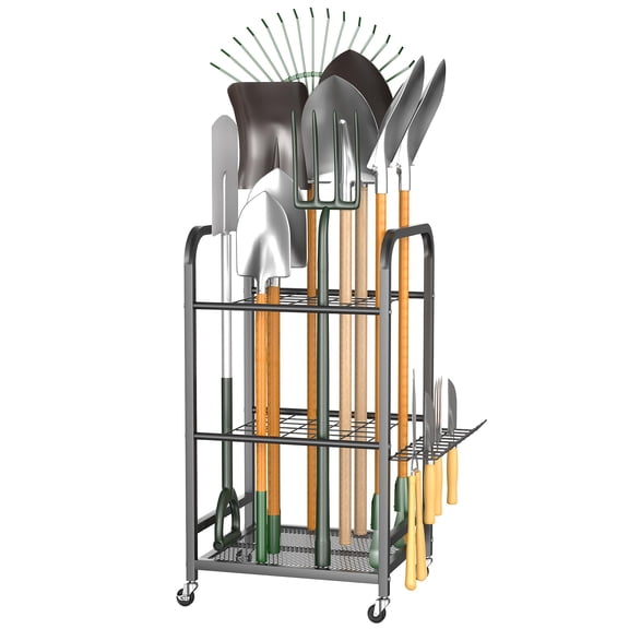 Mobile Garden Tool Organizer and Storage Rack, Heavy Duty Steel Yard Tool Stand with Wheels for Garage & Shed, Rolling Storage Holder for Shovels, Rakes, Brooms & Cleaning Supplies, Indoor & Outdoor