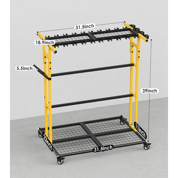 Foldable Garage Storage Cart with Wheels, Heavy Duty Yellow Steel Tool Organizer for Garden Shed and Workshop