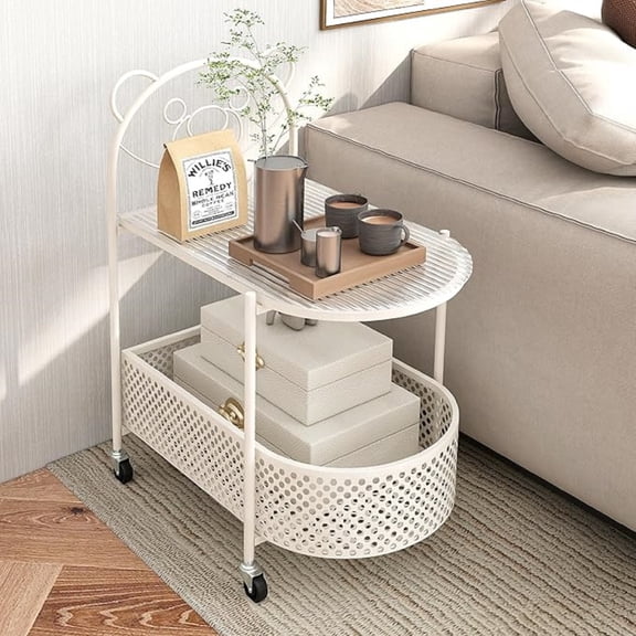 Mobile Glass Coffee Table, 2-Tier Modern Cocktail Table with Bear Pattern, Storage Basket & Metal Frame, Sofa Side Tea Table on Lockable Wheels, Center Table for Living Room, Bedroom (White)