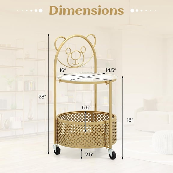 Mobile Glass Coffee Table, 2-Tier Round End Table with Bear Pattern, Storage Basket, Metal Frame, Modern Cocktail Table on Lockable Wheels, Sofa Side Tea Table for Living Room Bedroom (Golden)