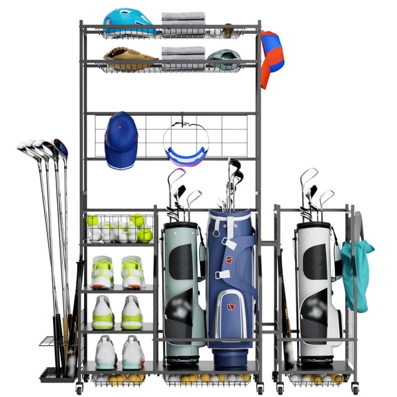 Mobile Golf Bag Storage Organizer Rack, Metal Golf Equipment Garage Storage Cart Holds 3 Golf Bags, Club Holder, Shoe Shelves & Removable Hooks, Rolling Golf Gear Organizer with Lockable Wheels