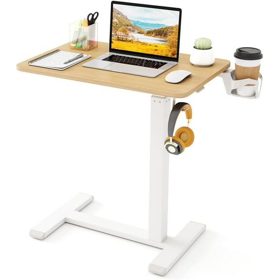 Mobile Height-Adjustable Computer Desk  Pneumatic Sit-Stand Desk with Hidden Casters and Cup Holder  Portable Laptop Cart for Home, Sofa, or Bedside Use
