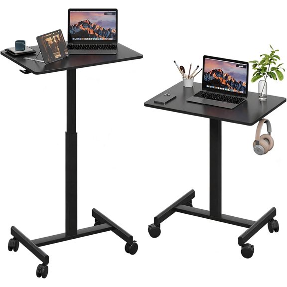Mobile Height Adjustable Desk on Wheels with Pneumatic Lift T-Shaped Base Lockable Casters Black