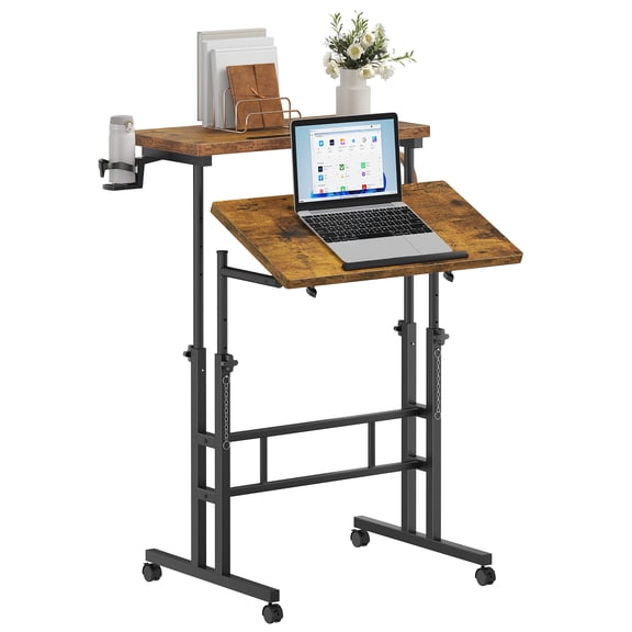 Mobile Height Adjustable Laptop Desk Featuring Hanging Cup Holder & Tilted Top, Lockable Wheels, Compact Rolling Desk Perfect for Home Office & Treadmill Work