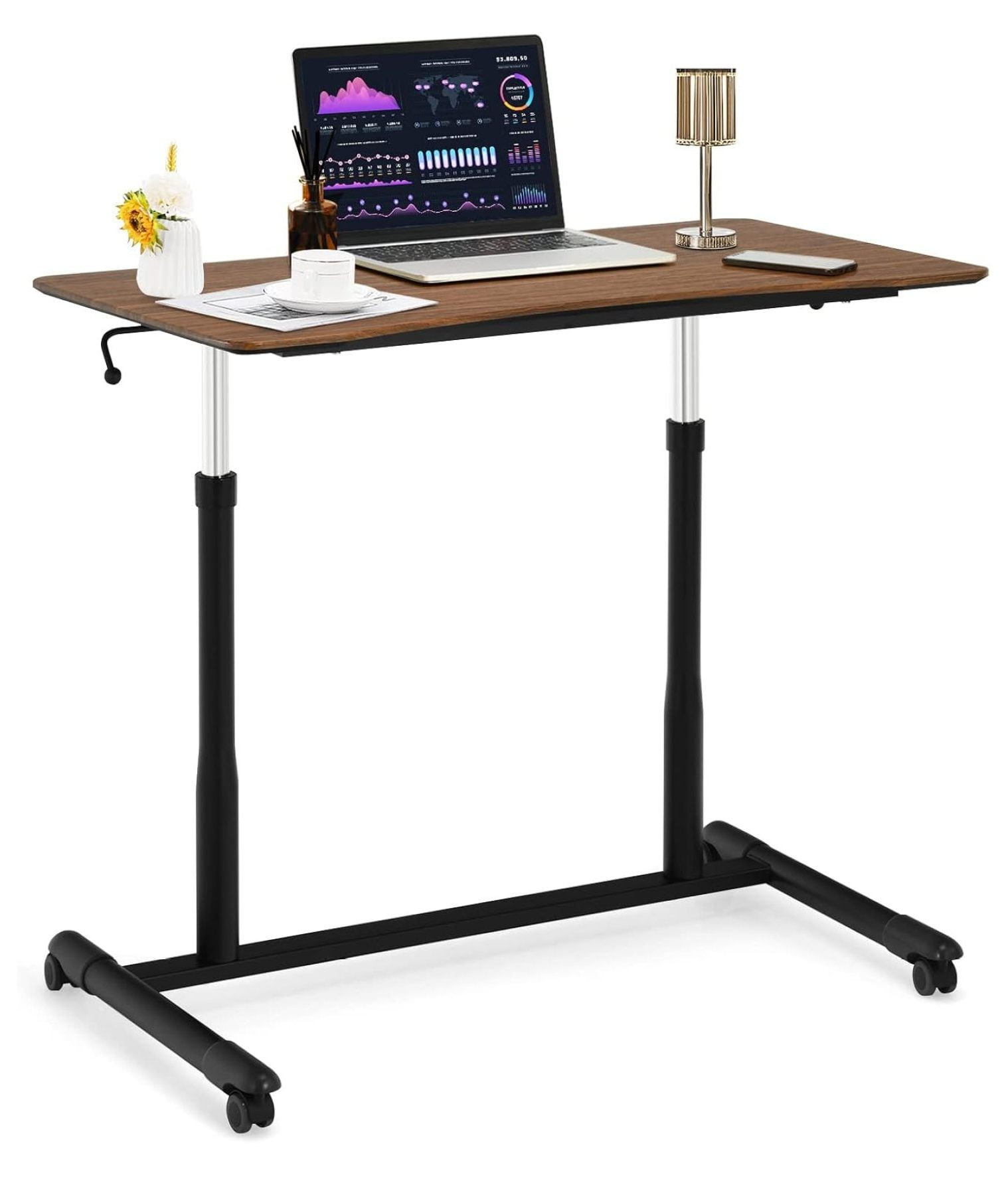 Mobile Height Adjustable Standing Desk, Compact Pneumatic Sit to Stand